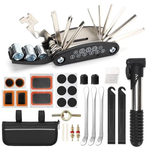 Multifunzione Kit Riparazione Bici 16 in 1,Portatile Emergenza Kit Foratura Ciclismo Professionali con Toppa per Pneumatici,Borse da Sella Impermeabili,per MTB Biciclette da Strada Accessori