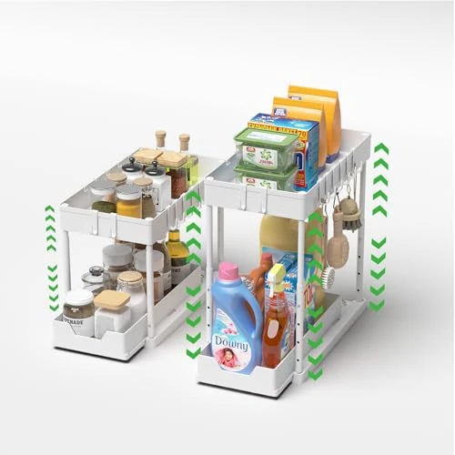 Meltrck Organizer do szafki pod umywalkę, 2 sztuki, wysuwany regał magazynowy z 16 haczykami, czarny (2-poziomowy podnoszony, biały)