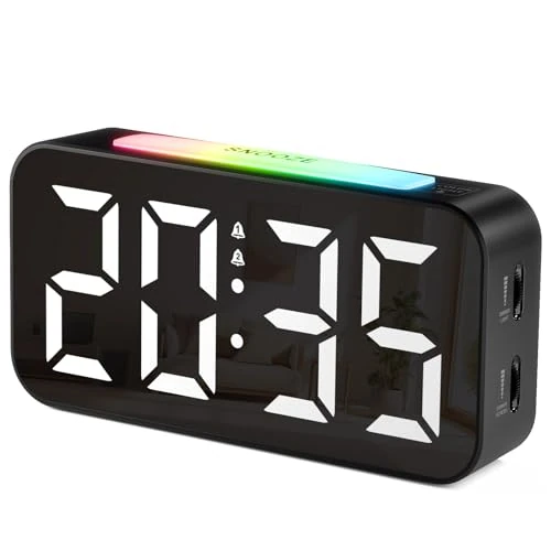 HOMVILLA Alarm Clock, Digital Alarm Clock Large Display LED Display with 9 Colourful Night Lights, Adjustable Brightness & Volume, Double Bell, Snooze, 12/24H, Power Supply (Adapter Included)