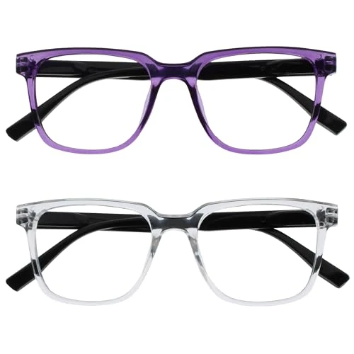 OPULIZE LEO Gafas de Lectura - Pack de 2 - Montura Rectangular Grande - Morado, Transparante - Hombre Mujer - Bisagras de Muelle - RR55-5C - +1.00