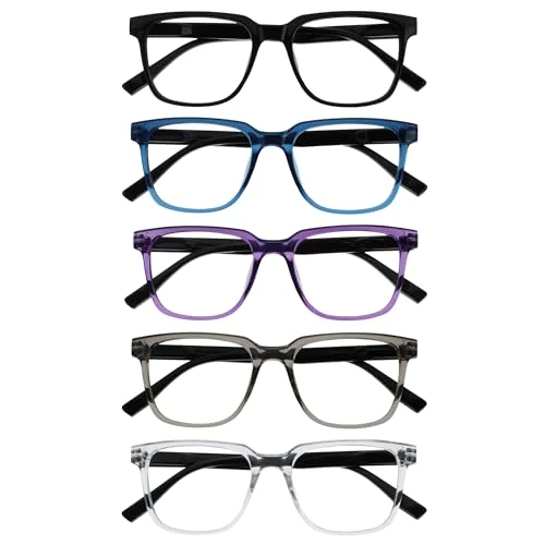 OPULIZE LEO Occhiali da lettura - Pacco da 5 - Montatura rettangolare grande - Nero, Blu, Viola, Grigio, Chiaro - Uomini Donne - RRRRR55-1357C - +3.50