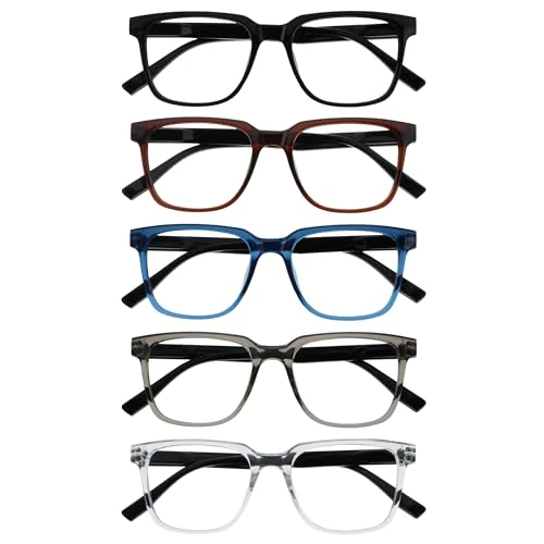 OPULIZE LEO Reading Glasses - 5 -Pack - Large Rectangular Frame - Black, Brown, Blue, Grey, Clear - Mens Womens - Spring Hinges - RRRRR55-1237C - +2.00