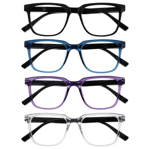 OPULIZE LEO Lunettes de Lecture - Lot de 4 - Monture Rectangulaire Large - Noir, Bleu, Violet, Transparent - Hommes Femmes - RRRR55-135C - +1.00