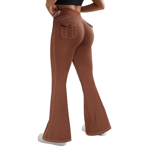 Offerta a tempo: STARBILD Donna Bootcut Leggings Sportivi con Tasche Cargo, Pantaloni a Zampa Vita Alta Gamba Larga Yoga Palestra Danza Casual, Cargo Tasche - Marrone M - 67% da 29.99 € a 9.99 €
