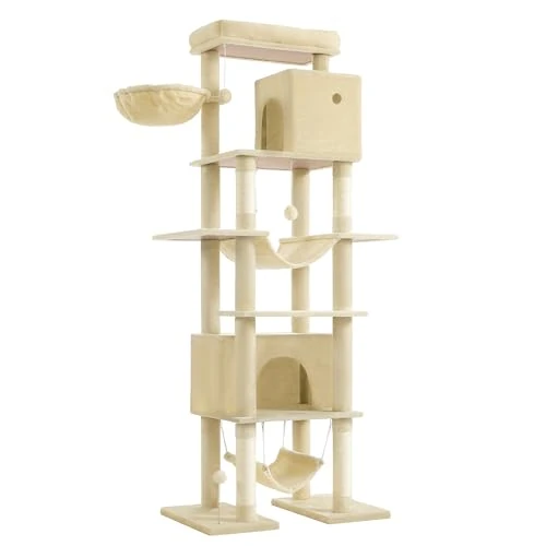 Feandrea Kratzbaum groß, Katzenbaum XXL, mehrstöckiger Katzenkratzbaum, 201 cm hoch, mit Einer Plattform, Einer Liegemulde, 2 Katzenhöhlen, 2 Hängematten, Kippschutz, beige PCT195Y01