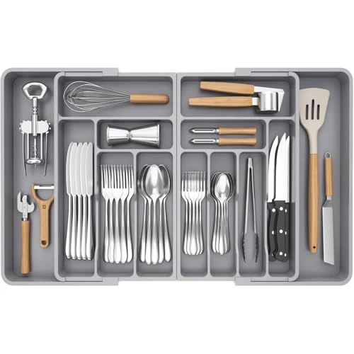 Offerta a tempo: Lifewit Portaposate da Cassetto Grande, Organizer Posate da Cassetto, Espandibile da 54,1 a 91,4 cm di Larghezza, Organizer Cucina in Plastica per Posate, Cucchiai, Forchette, Coltelli, Grigio - 19% da 41.99 € a 34.19 €