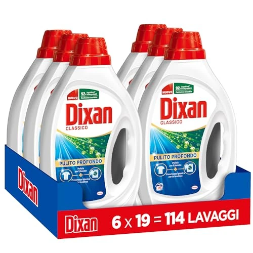 Offerta a tempo: Dixan Liquido Classico Detersivo Lavatrice (6 confezioni da 19 Lavaggi), per una pulizia profonda del bucato e freschezza igienica per la lavatrice, Rimuove le macchie da 20°C - 10% da 43.10 € a 38.90 €