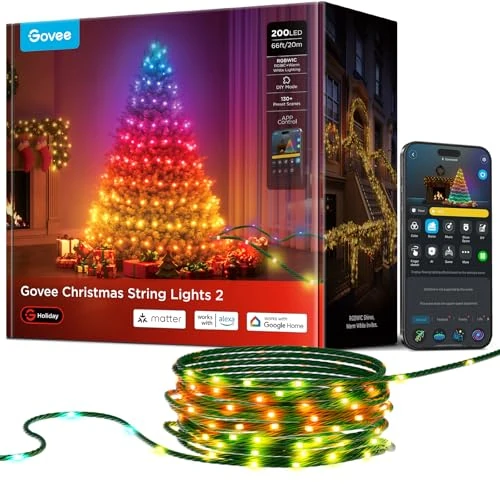 Limitiertes Angebot: Govee Christmas Lights, RGBWIC 20M Weilnachtsbeleuchtung Außen, 200 LEDs Lichterkette Innen für Weilnachtsbaum, Shape-Mapping,130+ Szenen-Modi, AIGC, Kompatibel mit Alexa, Grünes Kabel von 109.99 EUR auf 69.99 EUR (Spare 36%)