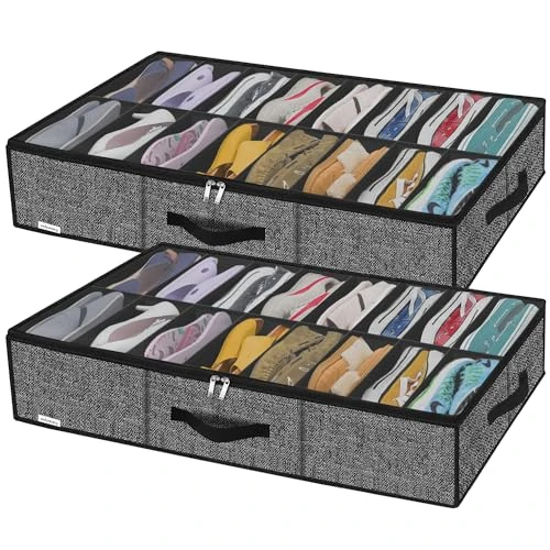 homyfort XAUBS16P2 Extra Large Under Bed Shoe Storage Solution for Wardrobe 16x2 Pairs, Under Bed Shoe Storage Bags with Reinforced Handles, Breathable, Faux Linen Black, XAUBS16P2