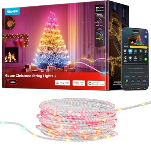 Offerta a tempo: Govee RGBWIC Illuminazione di Natale 30M, 300 LEDs Luci di Natalizie Halloween per Esterni Interni, 130+ Modalità di Scena, Shape Mapping e AIGC, IP67, Compatibili con Matter, Cavi Trasparenti - 57% da 149.99 € a 64.99 €