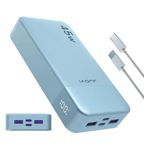 JUOVI Power Bank 20000mAh, 45W Caricatore Portatile Ricarica Rapida, PD QC 4.0 Batteria Esterna 4 Porte, con Display LED, caricabatterie portatile per MacBook, iPhone 15 14 13 Pro Samsung (Blu)