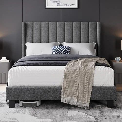 Offre limitee: Yaheetech Lit Double Rembourré 140x200 cm avec Sommier à Lattes, Cadre de Lits Moderne pour Adultes 2 Personnes, Tête de Lits à Rayures, Lit en Bois et Métal, Gris Foncé de 179.99 EUR a 152.99 EUR (economie 15%)
