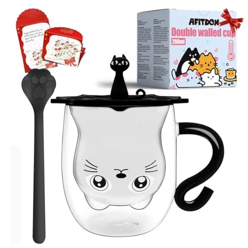 Afitdon Schattige Kat Mok Dubbelwandige Schattige Kat Motifs Bekers met Zegenkaart, Lepel & Mokdeksel, Cadeau voor Kattenliefhebbers 280 ml voor Cappuccino, Latte Macchiato, Thee, Ijs en Melk