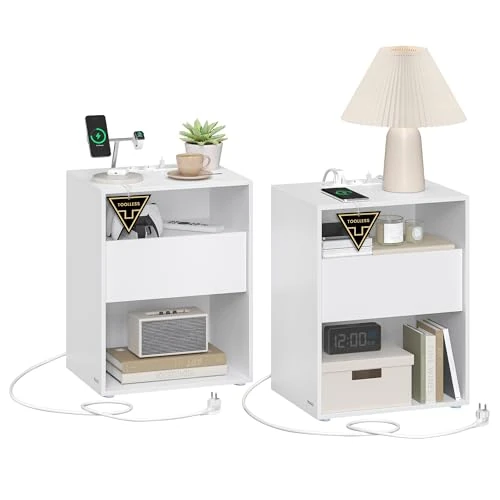 Offerta a tempo: VASAGLE Comodini, Montaggio Rapido Senza Attrezzi Toolless, Set di 2 Tavolini con Stazione di Ricarica, Moderno, Cassetto, per Camera da Letto e Soggiorno, Bianco Opaco LET776W01 - 35% da 99.99 € a 64.99 €
