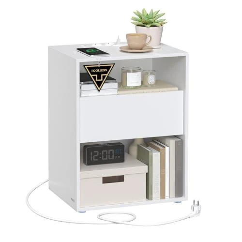 VASAGLE Nachtkastje, gereedschapsloze technologie, supersnelle montage zonder gereedschap, bijzettafel met oplaadfunctie, nachtkastje met lade, slaapkamer, matwit LET777W04