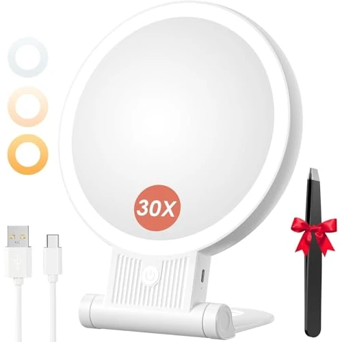 Offerta a tempo: Auxmir Specchio Trucco con Luci LED, Specchio Ingranditore 30X/1X a Doppio Lato, Luminosità Regolabile a 3 Colori, Specchio da Tavolo Pieghevole con Foro per Appendere, Ricaricabile e Portatile - 0.00% da 25.99 € a 25.99 €