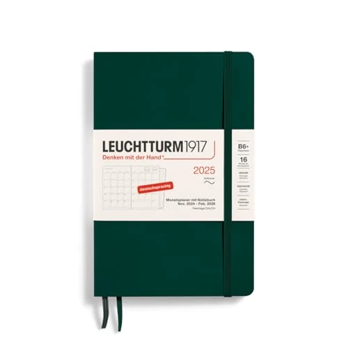 LEUCHTTURM1917 370611 Monthly Planner & Notebook 2025, Paperback B6+ Softcover - 16 Months, 80 g, Lined - Forest Green