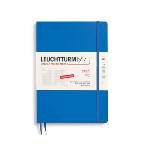 LEUCHTTURM1917 370606 Agenda mensile e taccuino 2025, Composition B5, copertina morbida, 16 mesi, 80 g, a righe - Sky