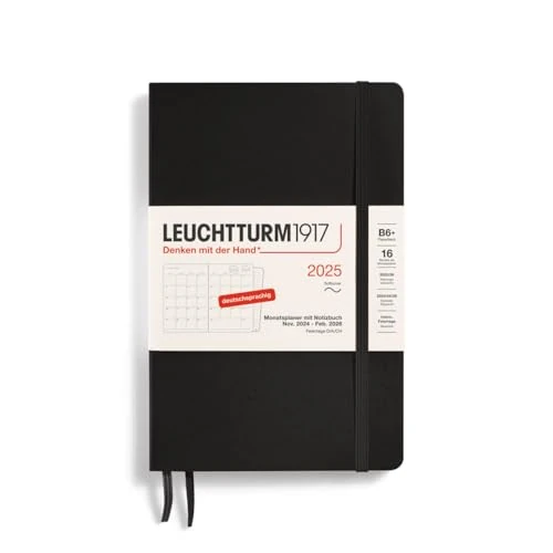 Limited offer: LEUCHTTURM1917 370607 Monthly Planner & Notebook Paperback (B6+) 2025, 16 Months, Soft Cover, Black, German from 7.05 USD to 7.05 USD (save 0%)