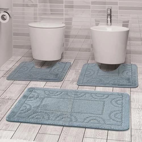 Comart, Nicole Tapis de Bain, Ensemble Complet 3 pièces, séchage Rapide, Fond antidérapant en Latex, Couleur Unie, Dessous de Douche et Baignoire, pour WC et Bidet, Lavable en Machine, Gris