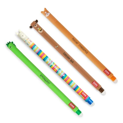 Offre limitee: LEGAMI - Lot de 4 stylos gel effaçables, Thèmes Dino, Teddy Bear, Corgi, Llama, boule sur les extrémités pour enlever l'encre, noir, bleu, vert, rouge, thermosensible, diamètre de la pointe 0,7 mm de 9.40 EUR a 8.29 EUR (economie 12%)