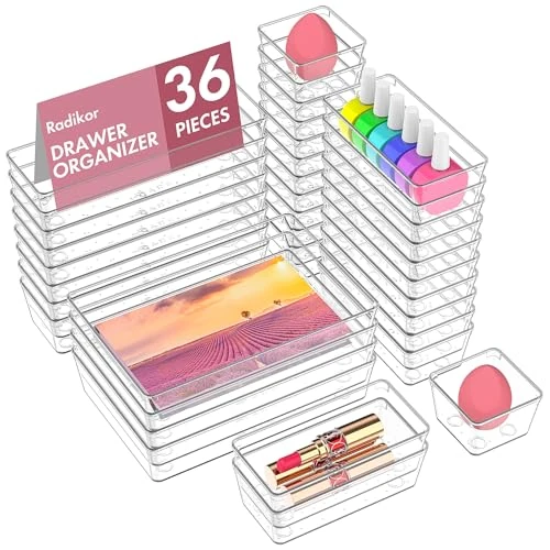 Radikor 36pcs Drawer Organiser Set, Clear Makeup Drawer Organiser Trays Plastic, 4-Size Desk Drawer Inserts Dividers, Acrylic Storage Bins for Makeup, Cosmetic, Officce, Bathroom, Gadgets