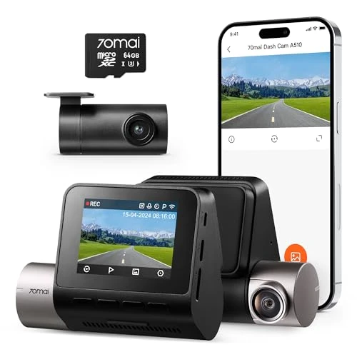 70mai 2.7K Dash Cam voor en achter A510, 1944P+1080P Ultra Full HD dubbele autocamera met STARVIS 2 IMX675 en 64 GB kaart, ingebouwde GPS, G-sensor, ADAS, HDR, nachtzicht, app-bediening, max 256 GB