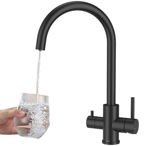 Offerta a tempo: Rubinetto Lavello Cucina 3 Vie, DETBOM Miscelatore da Cucina per Sistemi Osmosi, 3 in 1 Acqua Potabile a Doppia Leva, Calda e Fredda, Girevole a 360°, Acciaio Inox, Nero Opaco - 0.00% da 60.99 € a 60.99 €
