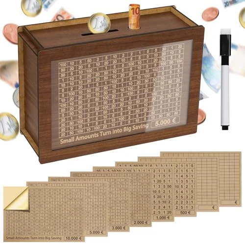 Alyvisun Huchas 5000€ de Madera con Bolígrafo y Pegatinas, Reutilizable Hucha Ahorro con Contador Caja Ahorro Retro Hucha Cerdito Alcancia para Adultos y Niños (Objetivo 500-10000€)