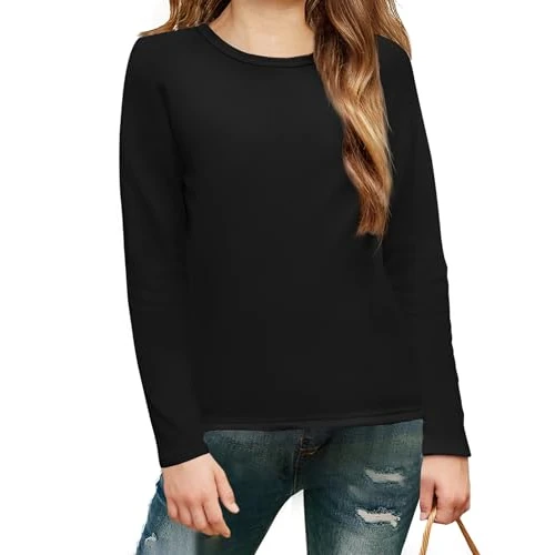 Arshiner T-Shirt Black Children Long Sleeved Shirt Round Neck Inner Fleece Top Basic Tops for Girls Versatile Thermal Shirt Underwear Sweater Halloween Children Clothing 10-11 Years