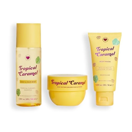 I Heart Revolution, Tropical Caramel Bath & Body Gift Set, All-In-One Mini Haar- & Bodyset Voor de Zomer, Zoete Geur, Vegan & Dierproefvrij