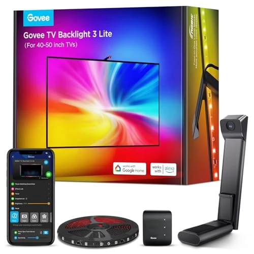 Limitiertes Angebot: Govee RGBICW TV Hintergrundbeleuchtung 3 Lite mit Fish-Eye Korrekturfunktion Sync für 40-50 Zoll TVs, 2.4M Wi-Fi TV LED Strip mit Kamera, 4 Farben in 1 Lampenperle, Sprach- und APP-Steuerung von 69.99 EUR auf 69.99 EUR (Spare 0%)