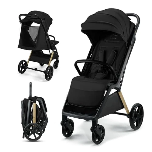 Kinderkraft LOOM Kompakter und leichter Buggy, automatisches Zusammenklappen, große pannensichere Räder, verstellbare Rückenlehne, ab Geburt bis 22 kg, Schwarz