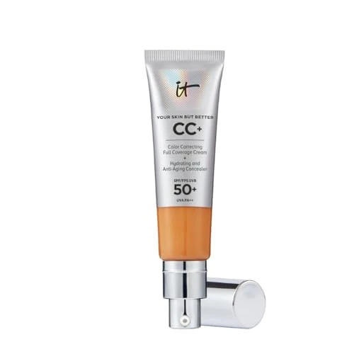 iT COSMETICS, CC+ krem i podkład przeciwstarzeniowy, wysokie krycie, wodoodporne, naturalne wykończenie, formuła z peptydami, kolagenem i witaminami, Twoja skóra jest lepsza, odcień: Tan Rich, 32 ml