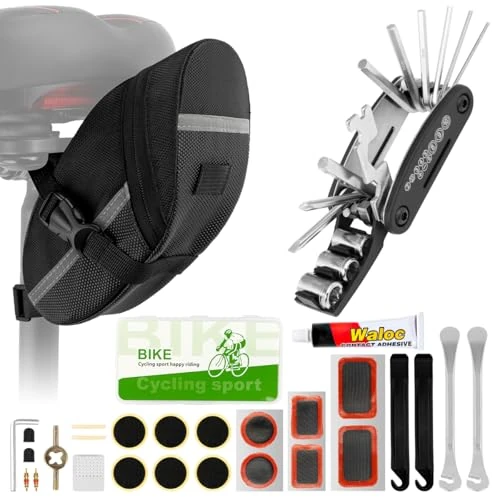 RYACO Kit de réparation de pneu de vélo 16 en 1 avec colle, ensemble d'outils de crevaison multifonction avec kit de réparation et démonte-pneus, kit d'outils de réparation de pneu de vélo avec sac de