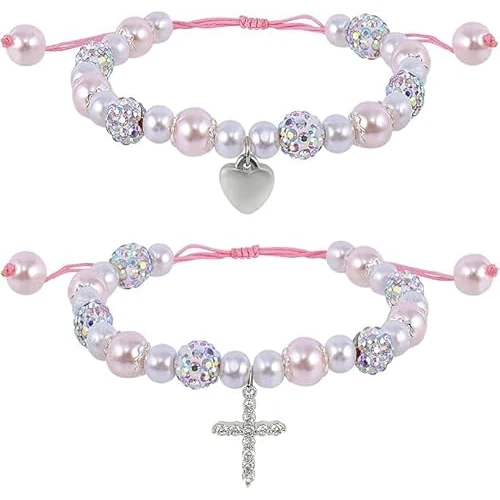 GOWTX 2 Pezzi Perle e Strass Bracciali Santa Prima Comunione, Bracciale di Perline di Rosario di Croce e Cuori, Cresima Prima Comunione Bracciale di Regalo con Coulisse per Ragazze Battesimo