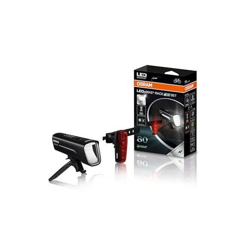 Offerta a tempo: OSRAM LEDsBIKE Race 80 Set, Set di luci Ricaricabili per Bicicletta, Set di luci a LED Anteriori e Posteriori, molteplici modalità di Illuminazione, Tre Livelli di luminosità, 80 Lux - 8% da 37.92 € a 34.71 €