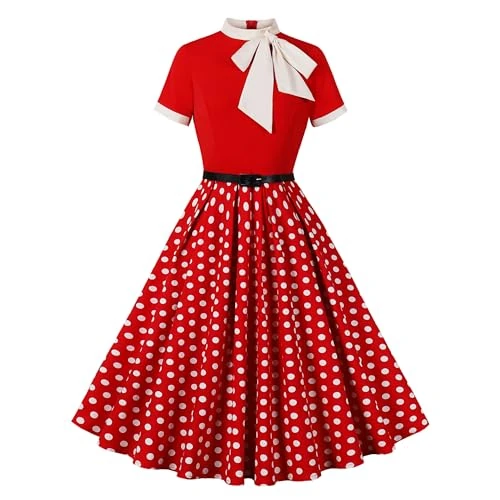 Wellwits Elegante cocktailjurk voor dames, jaren '50 vintage jurk met strik en stippen, Rood, L