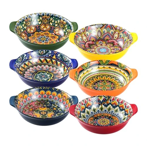 Offerta a tempo: Henten Home Ciotole con Manici, Piatti da Insalata, Piatti da Portata Set di 6 Ciotole, Colorato Stile Bohémien, Piatti Ceramica per Pasta, Insalata, Frutta - 31% da 48.99 € a 34.01 €