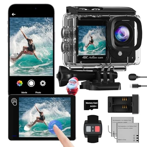 Offerta a tempo: Camlance Action Cam 4K a Doppio Schermo, 48MP WIFI Videocmera con Scheda SD da 64GB,131ft Fotocamera Subacquea, 170° Telecamera Moto con Telecomando, Microfono, 2 Batterie,Accessori Multifunzione. - 5% da 79.99 € a 75.99 €