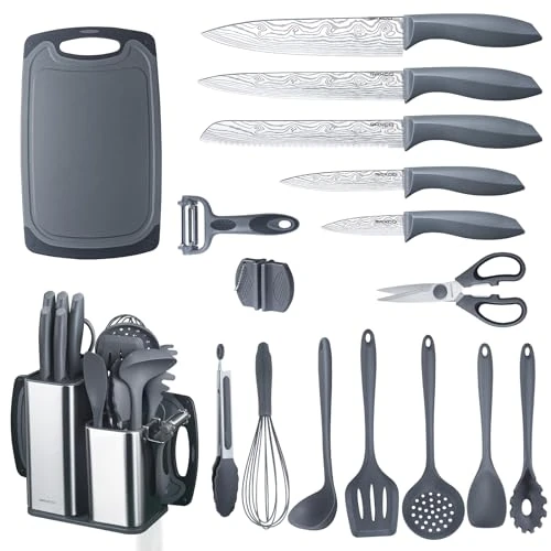 Offerta a tempo: RAXCO Set di coltelli da cucina con blocco, 18 pezzi di utensili da cucina con 5 coltelli e 7 spatole in silicone (Grigio) - 29% da 69.99 € a 49.99 €