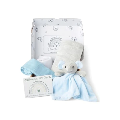 Limited-time offer: Baby Box Shop - 5 Newborn Essentials Ideal as Christening Gifts for Boys, Includes a Blue Elephant Baby Comforter, Flannel Wrap, 2x Muslin Cloths & Gift Message Card from 21.99 GBP to 21.99 GBP (save 0%)