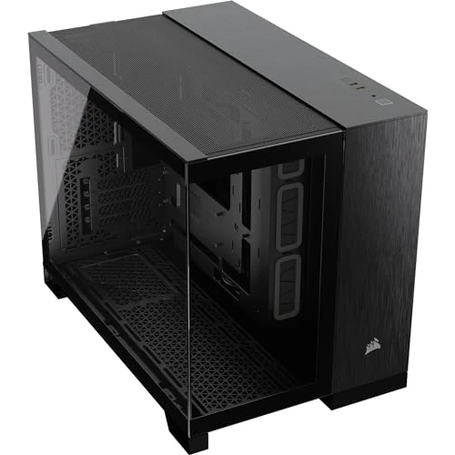 CORSAIR 2500X Kleine-Toren mATX PC-Behuizing met Twee Kamers - Panoramisch Gehard Glas - Omgekeerd Aansluiting Moederbord Compatibel - Geen Fans Inbegrepen - Zwart/Obsidiaan Aluminium