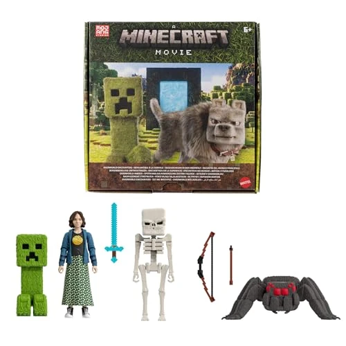 Mattel Minecraft Geschichtenset mit 4 Actionfiguren und 3 Zubehörteilen, Begegnungen in der Oberwelt-Set, inspiriert von EIN Minecraft Film, Spielzeug zum Sammeln, JFR70