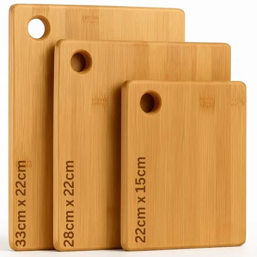 Luxus-Home Bamboo Chopping Board Set - 3 Extra Thick Solid Bamboo Boards - 33 x 22 cm / 28 x 22 cm / 22 x 15 cm - Brown - Perfect for Bread, Fruit, Meat, Vegetable & Cheese