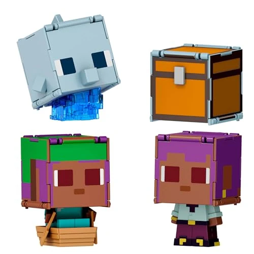 Mattel Minecraft - Flippin' Figs Delfino + Baule ed Efe + Efe in barca, set da 2 personaggi alti 9,5 cm e con teste grandi, ispirati al videogioco, giocattolo per bambini, 6+ anni, JCY31