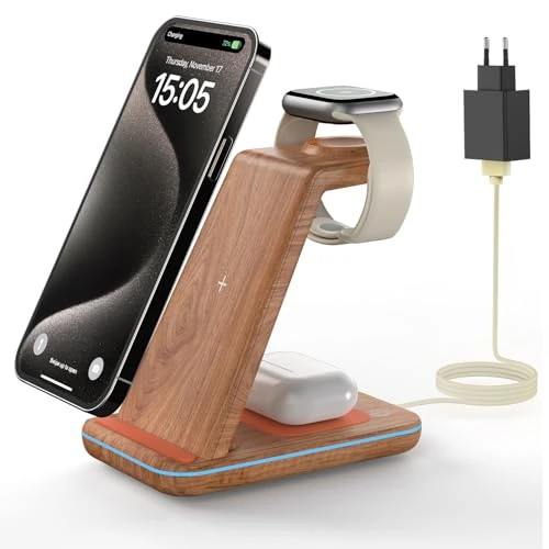 GEEKERA Estacion de Carga para Apple, Cargador Inalambrico 3 en 1 para iPhone Air/17/16/15/14/13/12/11/X/8, Base Cargador para Apple Watch Ultra/11-2/SE, Carregador sem fios para AirPods Pro-2, Madera