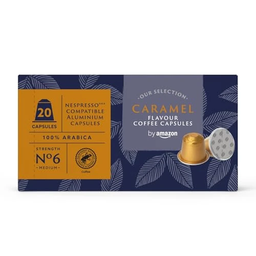 by Amazon Capsules de Café en Aluminium Aromatisées au Caramel, Compatibles Nespresso, 20 Capsules (1 Paquet de 20) – Certifiées Rainforest Alliance