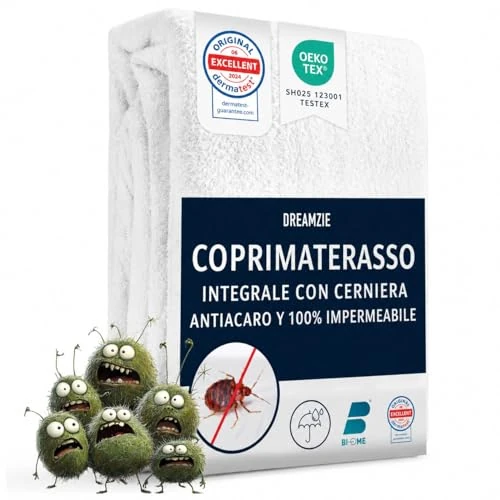 Offerta a tempo: Dreamzie Coprimaterasso Matrimoniale Impermeabile 160x200x25 cm - Coprimaterasso Antiacaro Integrale con Chiusura a Zip per Allergici - 15% da 34.99 € a 29.74 €