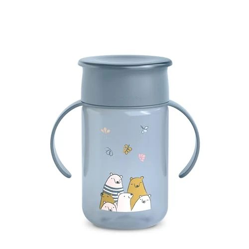 Suavinex, Tasse Apprentissage avec Disque Anti-Goutte, Gobelet Bébé, Magic Cup, Rebord Antifuite 360°, avec Poignées, avec Couvercle Hygiénique, Verre Enfant +12 Mois, 340 ml, Bears Bleu